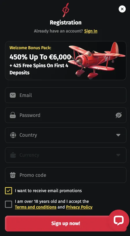 Jettbet registration form with email, password and currency fields